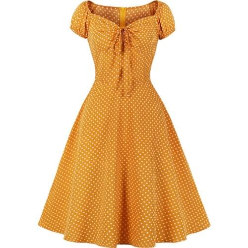 Retro Vintage 50s Swing Rockabilly Dress Polka Dot Print Draw String Summer Casual Sundress Chiffon Plus Size Womens Clothing
