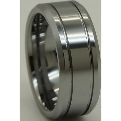 8mm width silver grey men/boy simple design small bevel 2line grooved scratch proof shiny tungsten ring