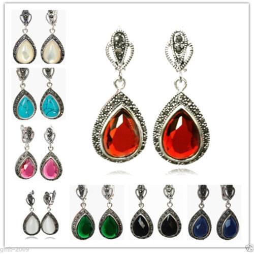 8 Choices 925 Silver Gems&Marcasite Waterdrop jade Earrings 1 1/2 "