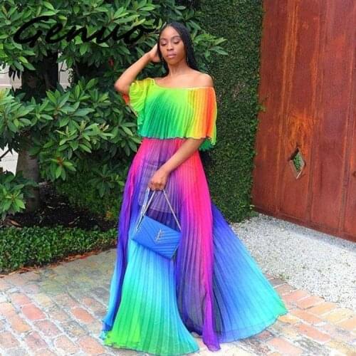 Genuo Chiffon Summer Dress With Off Shoulder Elegant Off-Shoulder Womens Dress Pleated Floor-Length Line 2020 Dresses