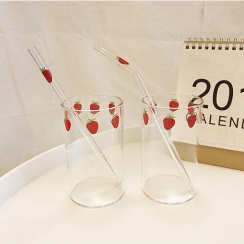 300ml Strawberry Glass Cup Nordic Creative Breakfast Milk Juice Glass Home Office Heat Resistant Transparent WaterCup With Straw