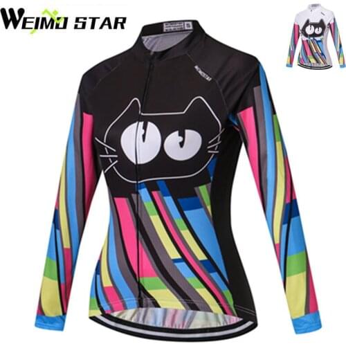 WEIMOSTAR Team Long Sleeve Cycling Jersey Cat Women Ciclismo Anti-UV Breathable Cycling Clothing Bike Jersey Biking Top Shirts