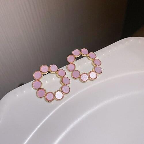 VSnow Minimalist Geometric Circle Pink Color Metal Dangle Earrings for Women Girls Hollow Out Fashion Earring Jewelry Pendientes