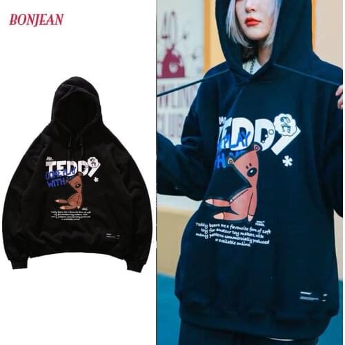 Hoodie Harajuku Funny Bean Bear print Hoodies Women Couple Sweatshirts Korean Style Autumn Winter Kawaii Hoody Female Girls 2020