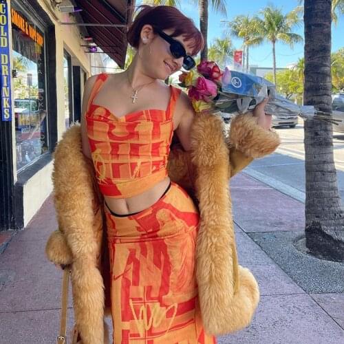 2021 Woman y2k Two Pieces Set Printed Summer Sets Women Vintage Beach Style Skirts Suits Orange Fashion Camis Sets 2021 New 90S