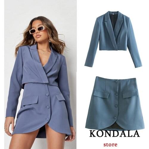 KONDALA Women 2021 New Suits Za Short Blazer Jacket And Casual Skirts Women Sets High Street V-Neck Office Ladies 2 Pieces Set