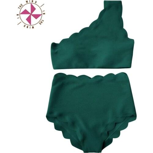 In The Wind New Solid Womens High Waist Scalloped Flounced Trim One Shoulder Swimsuit