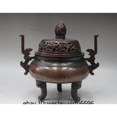13Royal Palace Old Red Copper Inlay Silver Silk Incense burner Censer Monastery
