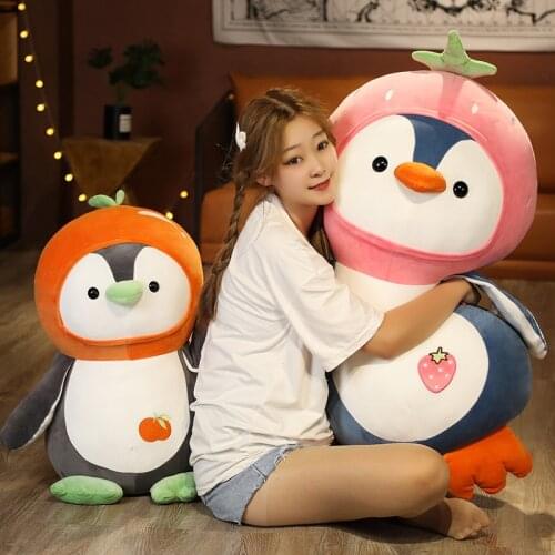 70cm New Cartoon Penguin Stuffed Animals Plush Toys Kawaii Soft Doll Dress Up Strawberry Orange Kids Plushie Doll Girls Gift