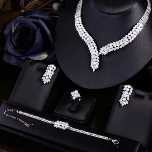 Accking new Nigeria 4pcs Bridal Zirconia Jewelry Sets For Women Party, Luxury Dubai Nigeria CZ Crystal Wedding flower