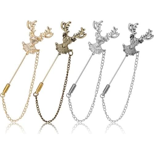 TIMEONLY Christmas Elk Brooches for Women Girl Gold Color Alloy Metal Animal Long Chain Sweater Cardigan Brooch Creative Jewelry