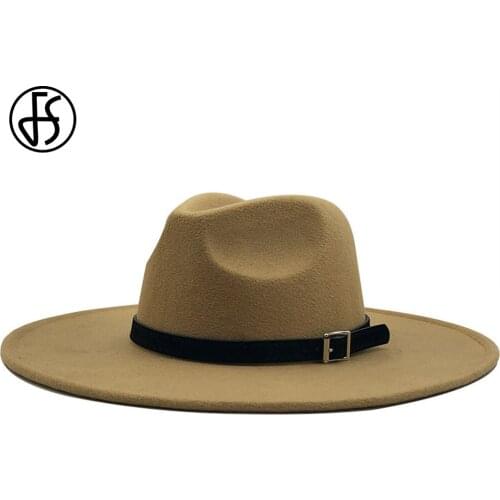 FS 2021 British Style Big Wide Brim Wool Church Hats For Women Elegant Felt Jazz Fedora With Belt Winter Men Panama Hat