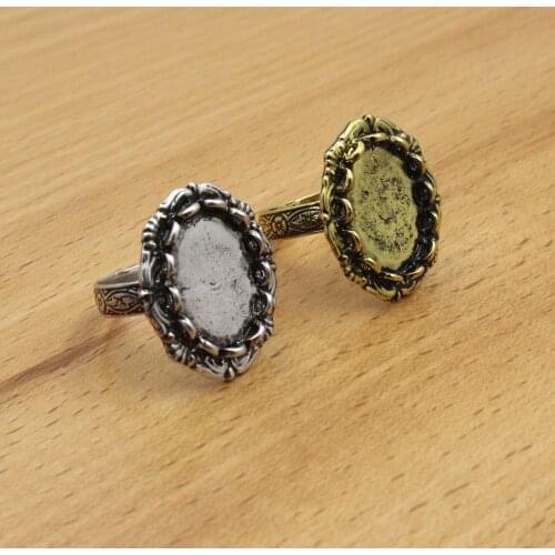 Fit 13x18mm Cabochons Finger Ring Oval Antique Silver Cameo/Glass/Cabochon Frame bezel Setting adjustable 5pcs/lot (K05131)