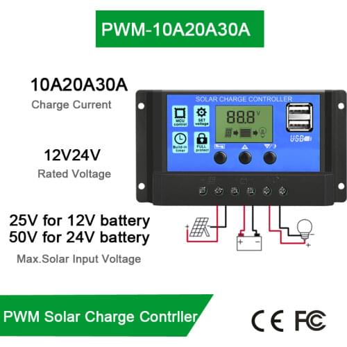 Solar PV Charge Controller 30A/20A/10A 12V 24V with LCD display and double USB PWM Solar PV Regulators Battery Chargers 30Amps