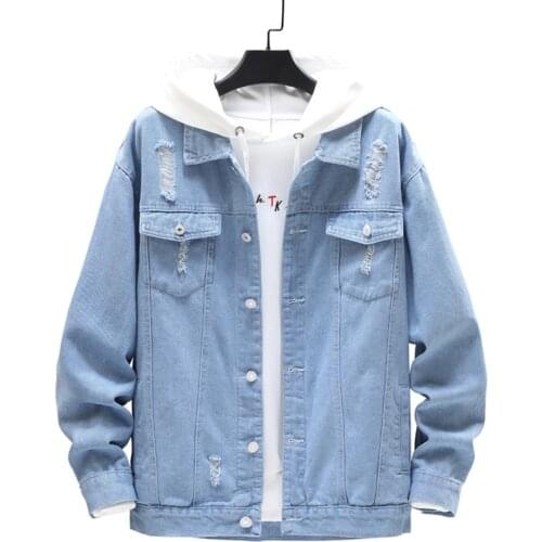 Jacket Men 2020 Spring and Autumn New Mens Solid Color Lapel Holes Slim Single Breasted Hip Hop Mens Denim Jacket