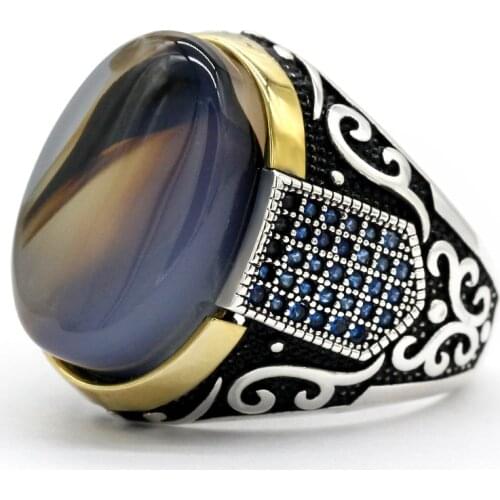 Trendy Gold Sterling Silver Rings For Women Men Antique Turkish Natural Agate Stone Ring Zircon Ring Mens Punk Rock Jewelry