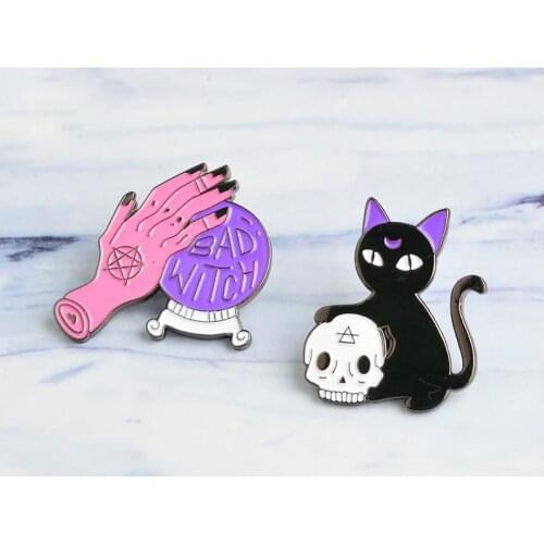Cartoon Bad Witch Needle Crystal Ball Black Cat Skull Retro goth Enamel Pin Brooch Badge witch decor Halloween Jewelry brooch
