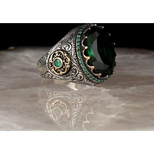 Mens ring Turkish handmade 925 sterling silver jewelry Emerald stone all size