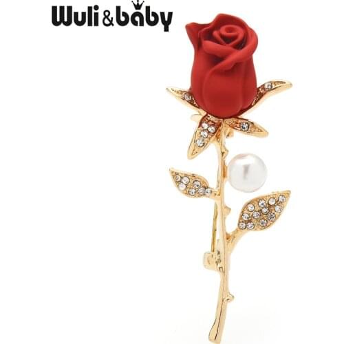Wuli&baby Soft Paint Rose Flower Brooches For Women Pearl Rhinestone Fashion Flower Party Office Brooch Pin Gifts