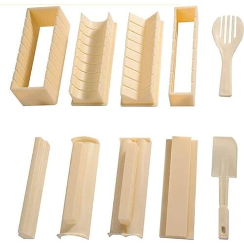 Sushi Making Kit 10 Pieces Plastic DIY Home Sushi Maker Tool Complete with Sushi Rice Roll Mold Shapes Fork Spatula White