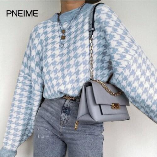 PNEIME New Woman Geometric Knitted Sweater Houndstooth Spring and Autumn Knitting Sweet Casual Retro Woman Pullover Sweater