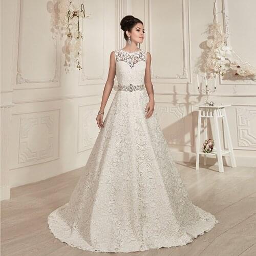 New Arrivals A-Line Bridal Gowns Suknia Slubna Sparkly Crystal Waist Lace Bow Wedding Dresses Plus Size Robe Femme