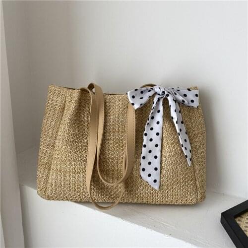 Woven Shoulder Shopping Bag Casual Women Summer Large Handbag Ladies Fashion Vintage Silk Scarf Summer Beach Large Purse