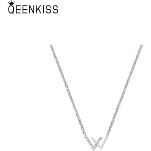 QEENKISS NC714 Fine Jewelry Wholesale Fashion Trendy Woman Girl Birthday Wedding Gift Sweater Chain double V AAA Zircon Necklace
