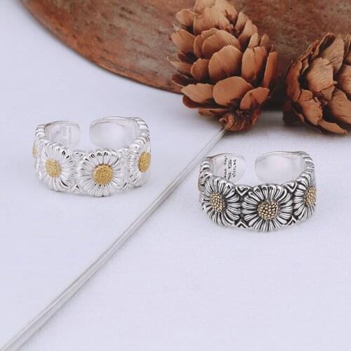 Real 925 Sterling Silver Trend Versatile Men And Women Talk Little Daisy Sunflower Couple Ring Exquisite Party Jewelry