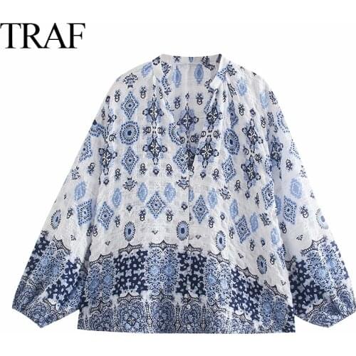 TRAF Women’s Clothes Za Pattern Printed Summer Loose Shirts V-Neck Soft Fabric Single Button Elegant Blouses Casual Mujer Tops