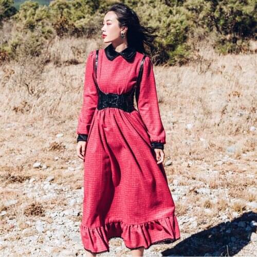 Fashion brand retro style plaid woolen fabric dress womens was thin ruffles stitching high waist elegant dress wq954 dropship