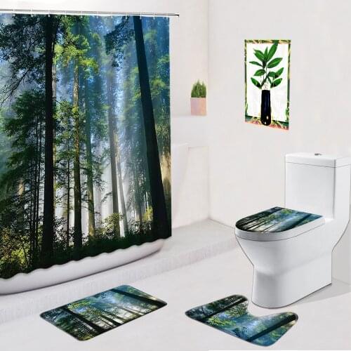 Mysterious Forest Shower Curtains Tropical Nature Scenery Home Bathroom Decor Non-Slip Carpet Bath Mat Door Pad Toilet Cover Set