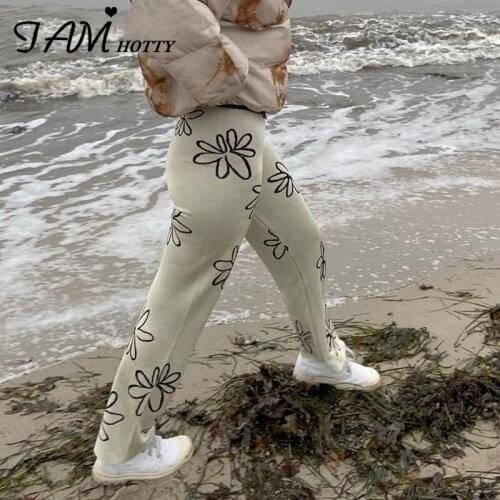 Knitted Floral Printed y2k High Waist Pants Women Vintage White Black Wide Leg Baggy Streetwear Vintage Long Trousers Iamhotty