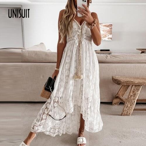 Summer Sleeveless Lace Long Dress Women V-Neck Solid Lady Dress Vintage Elegant Off Shoulder Hollow Out Mesh Loose Maxi Dresses