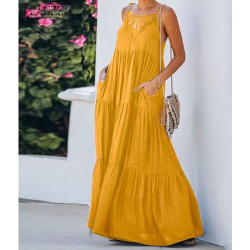 Holiday Bohemian Floor Dress Women Solid Sleeveless Ruffle Robe ZANZEA Elegant Lace Vestido 2021 Summer Sling Dresses Plus Size