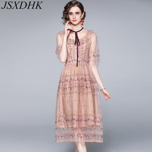 JSXDHK High Quality Luxury Summer Mesh Dress Elegant Runway Women O Neck Bow Flower Embroidery Half Sleeve Ruffles Party Vestido