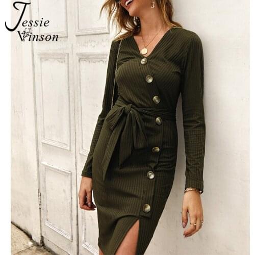 Jessie Vinson Elegant Long Sleeve V-neck Split Belted Knitted Dress Women Autumn Winter Sexy Button Rib Bodycon Dress Vestidos