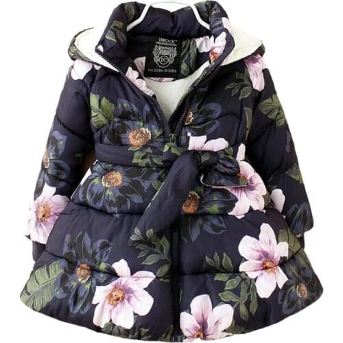 Winter Girls Jacket Flowers Printed Parkas Hooded Zipper Kids Girls Padded Jacket Fashion Baby Girls Outerwear Coat BC405