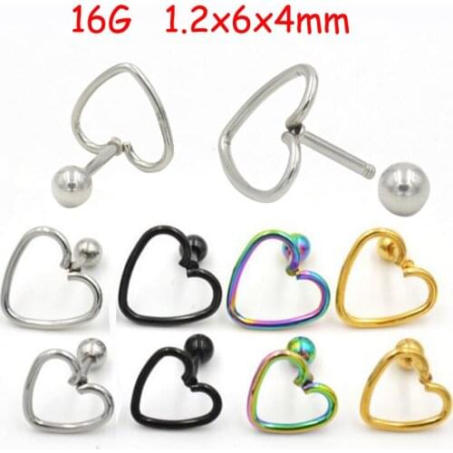 2Piece 16G 1.2x6x4mm Heart Shape Stud Earrings Tragus Ear Piercing Helix Labret Tragus Cartilage Hoop Body Piercing Jewelry