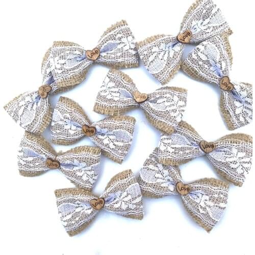 50pcs Vintage Natural Jute Burlap hessian bows Wedding Decoration rustic marriage jute burlap lace ribbon bow knot