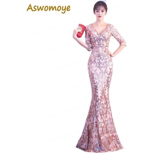 Aswomoye 2018 New Stylish Elegant Long Evening Dress Sexy V-Neck Party Dresses Sequin Illusion Prom Dress robe de soiree