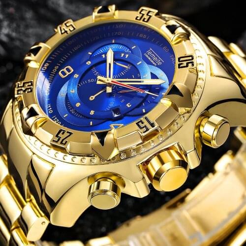 Temeite Mens Watch Luxury Gold Watch Men Big Dial Quartz Waterproof Watch Stainless Steel Man Clock Auto Date Relogio Masculino