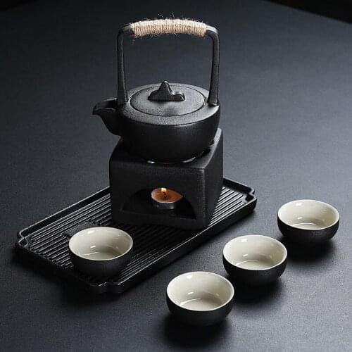 Black rough pottery small dry plate tea pot cup whole set Japanese Kungfu warm teapot teacup puer oolong gift box teaware