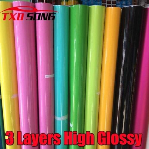 New 3 Layers Glossy Vinyl Film High Gloss Vinyl Black Glossy Car Body Wrap Film With Air Drain 10/20/30/40/50/60X152cm/Lot
