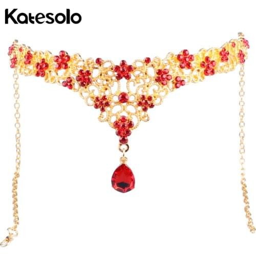 Hot Sale Gold Color Hairbands Red Crystal Wedding Hair jewelry Bridal Crown Tiara Adjustable Chain Forehead Headband