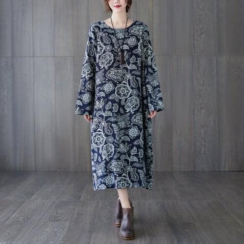 Cotton and linen retro dress female round neck 2021 autumn new fashion temperament loose casual mid-length printed dress