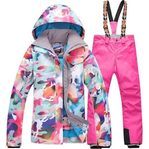 Gsou snow Winter Snowboarding Suit Women Jacket and strap pants Outdoor Waterproof Snowboard set Sport Jacket+Pant XS-L
