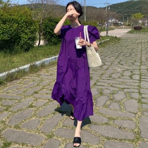 Summer Women Fashion Korean Chic Ins O-neck Puff Sleeve Pleated Dress Sweet Girls Loose Ruffles Party Club Pockets Dress Women