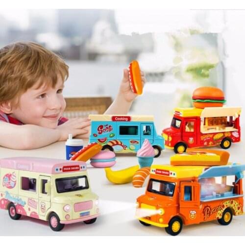 Mini Toy Car Magnetic induction Snack Car Alloy Model Metal Coke Ice cream Hamburger Pizza Toy Car Model Sound Light Kids Gift