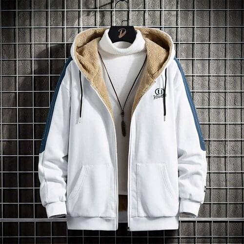 Men Autumn Winter Hoodie Jacket Fur Lined Thick Zipper Hoodie Sweatshirt Casual Sports Coat Hooded Korean Fashion White Hoodie